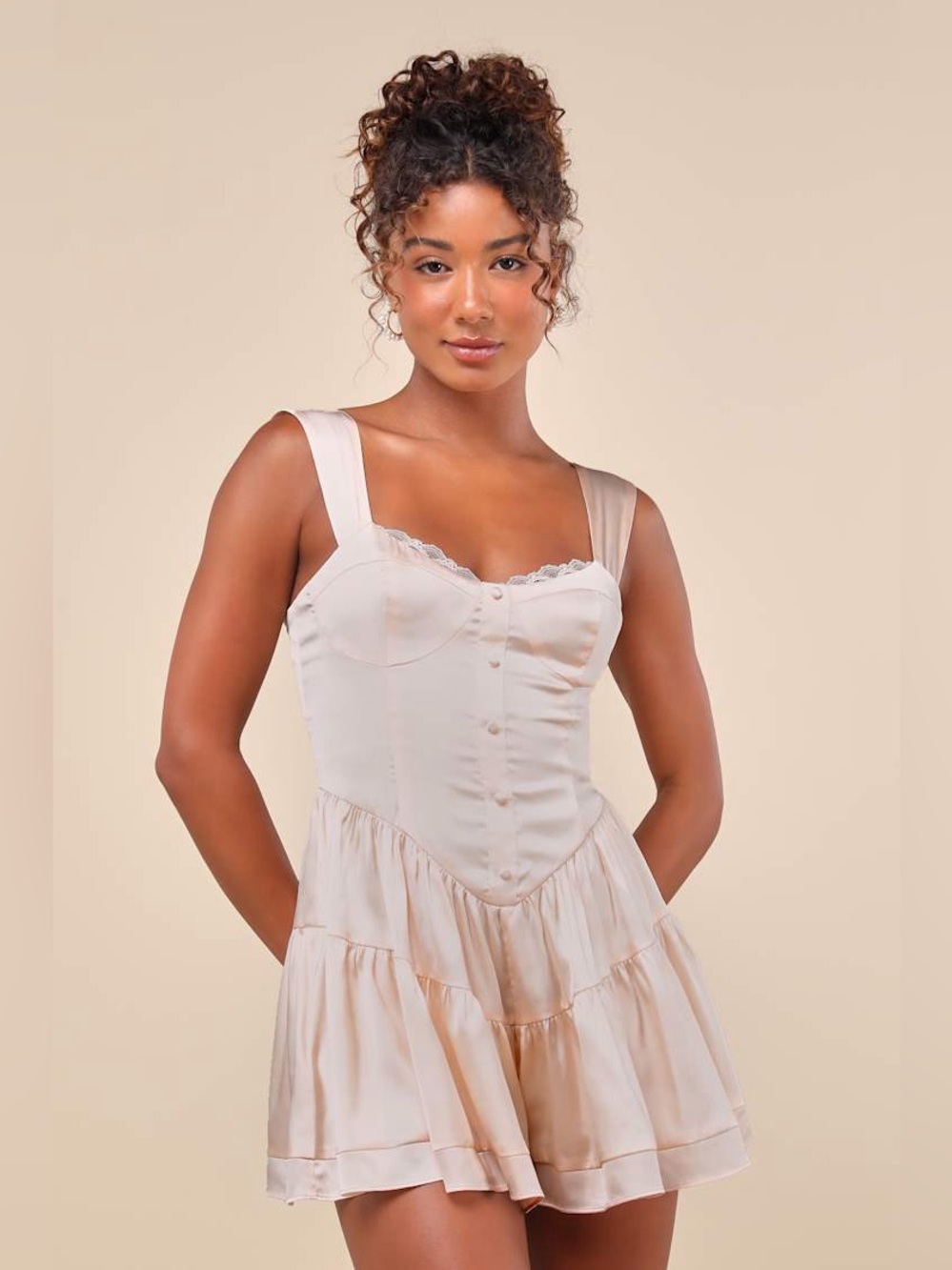 NWT Cream Satin Tiered Bustier Romper - Size Medium